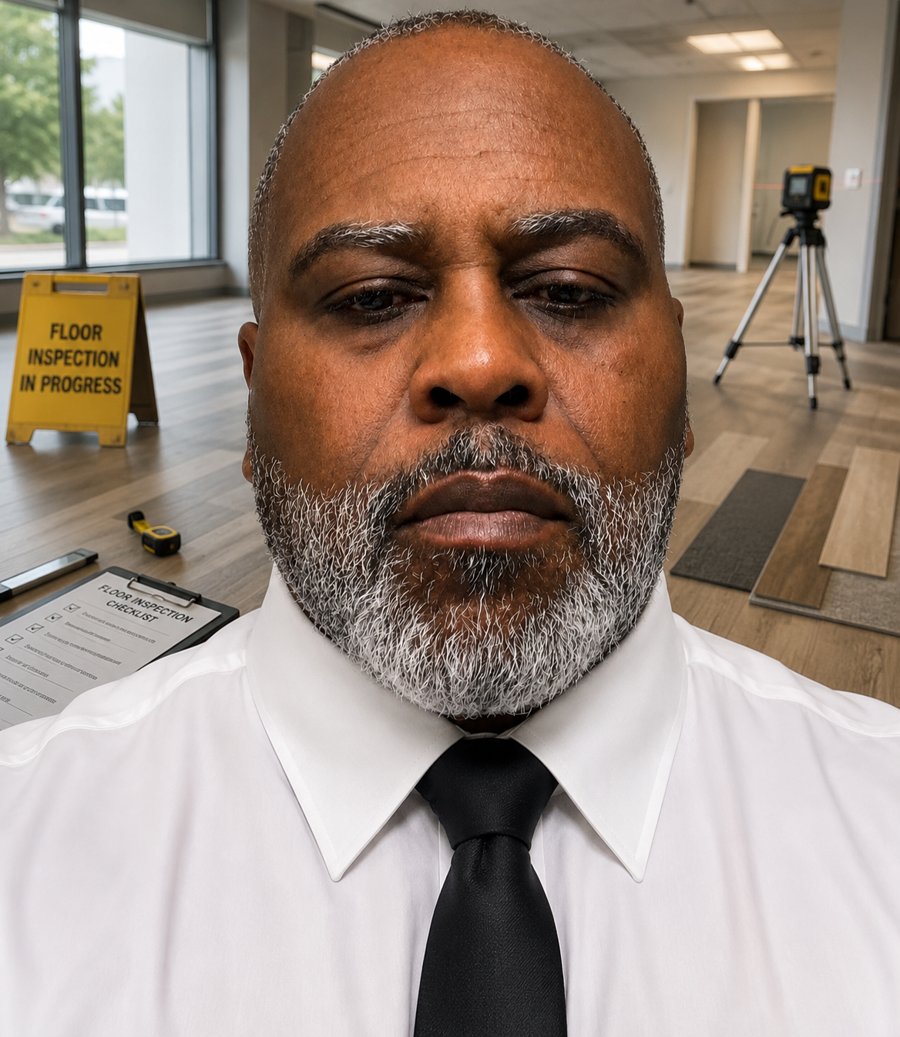 Patrick Royster, President of Carpet Repair Services, Inc., on site during a flooring inspection